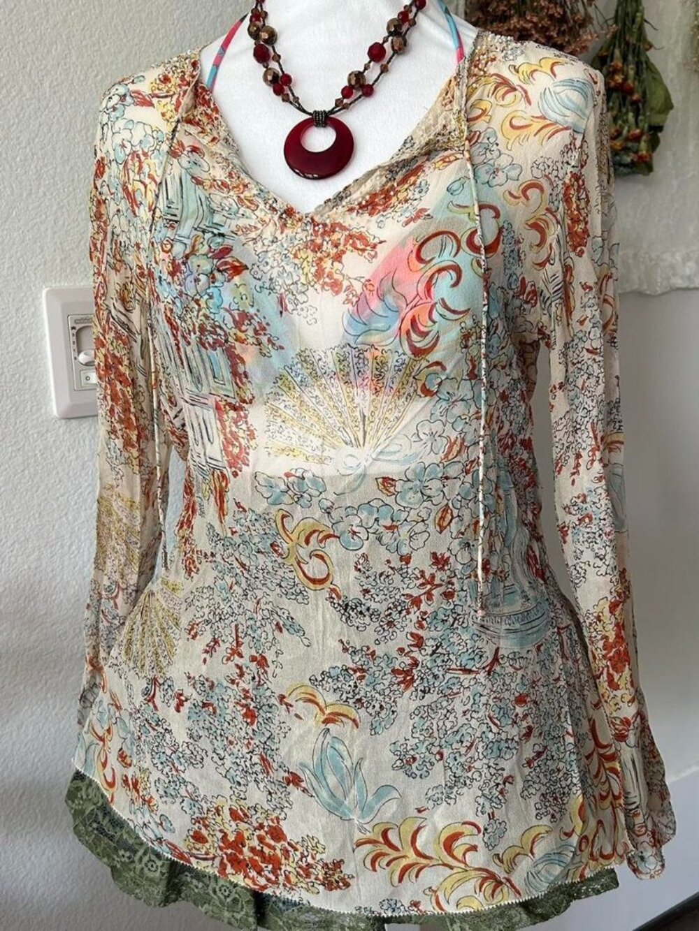 Y2K Cabi 100% Silk Long Sleeve Sheer Top